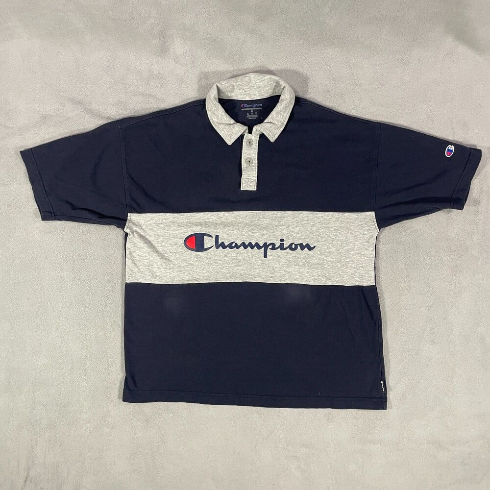 Champion Athletics Polo Shirt Mens Medium Blue Color Block Rugby Short Sleeve